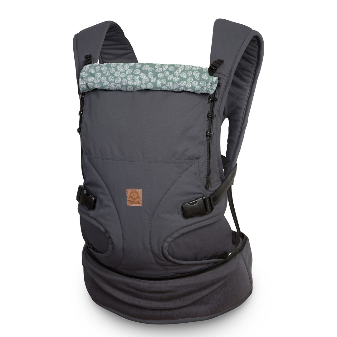Detailaufnahme der Ruckeli Special Edition mit verstellbarem Steg und flachen Schultergurten. Gently Grey leaves