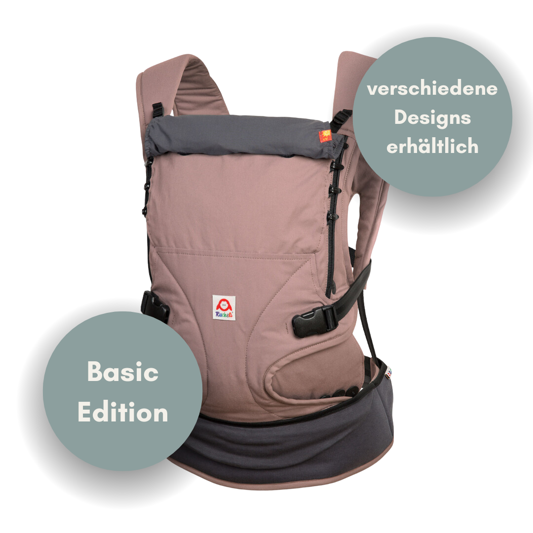 Ruckeli Babytrage mit verstellbarem Steg und gepolsterten Schultergurten. Verschiedene Designs erhältlich.