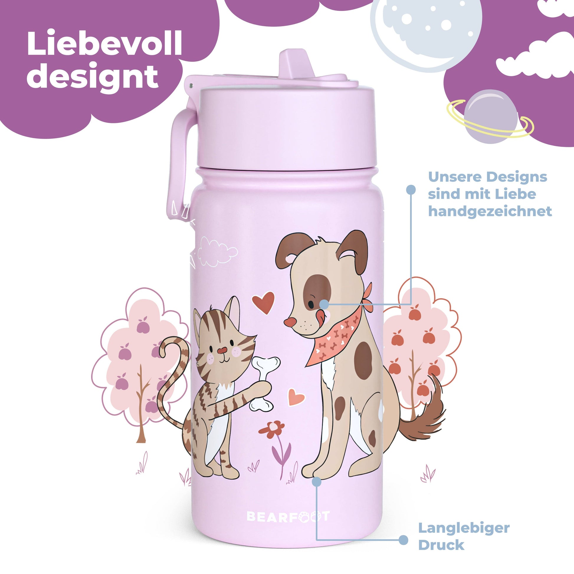 Thermo Kinder Trinkflasche Edelstahl - Hund&Katze lila