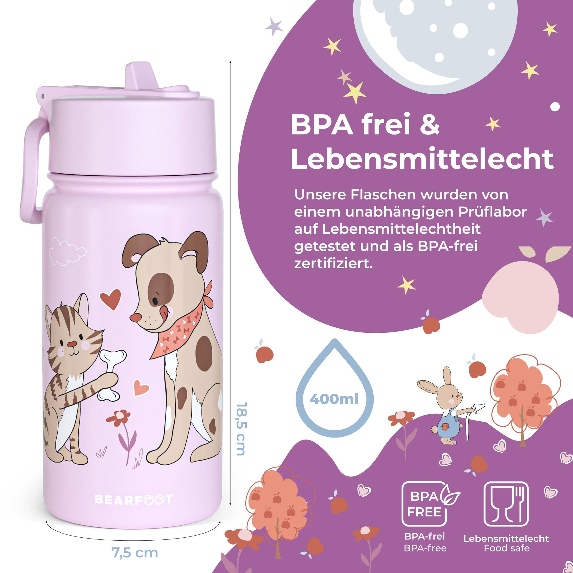 Thermo Kinder Trinkflasche Edelstahl - Hund&Katze lila