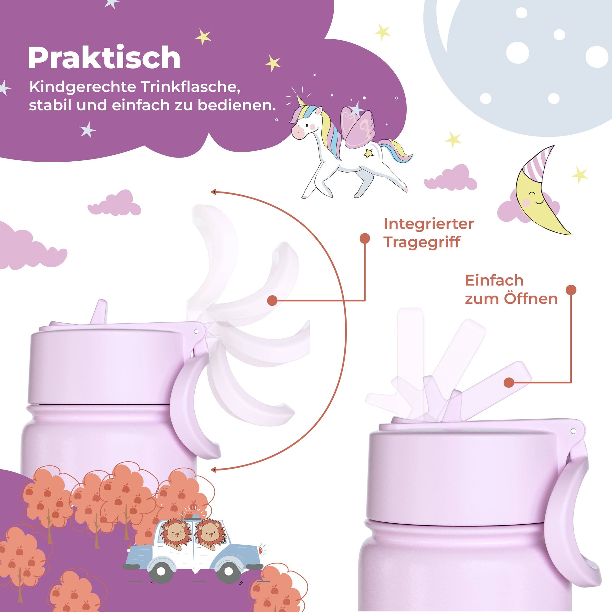 Thermo Kinder Trinkflasche Edelstahl - Hund&Katze lila