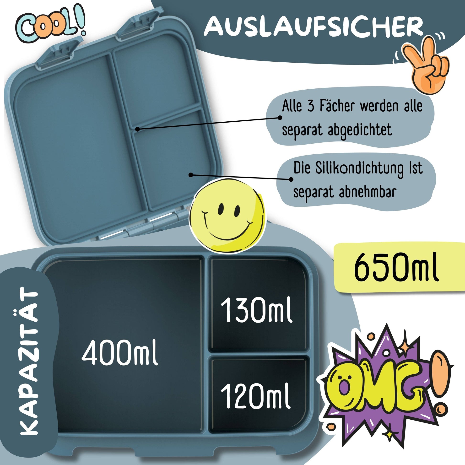 Brotdose mit Fächern, leicht & auslaufsicher - Dinos blau
