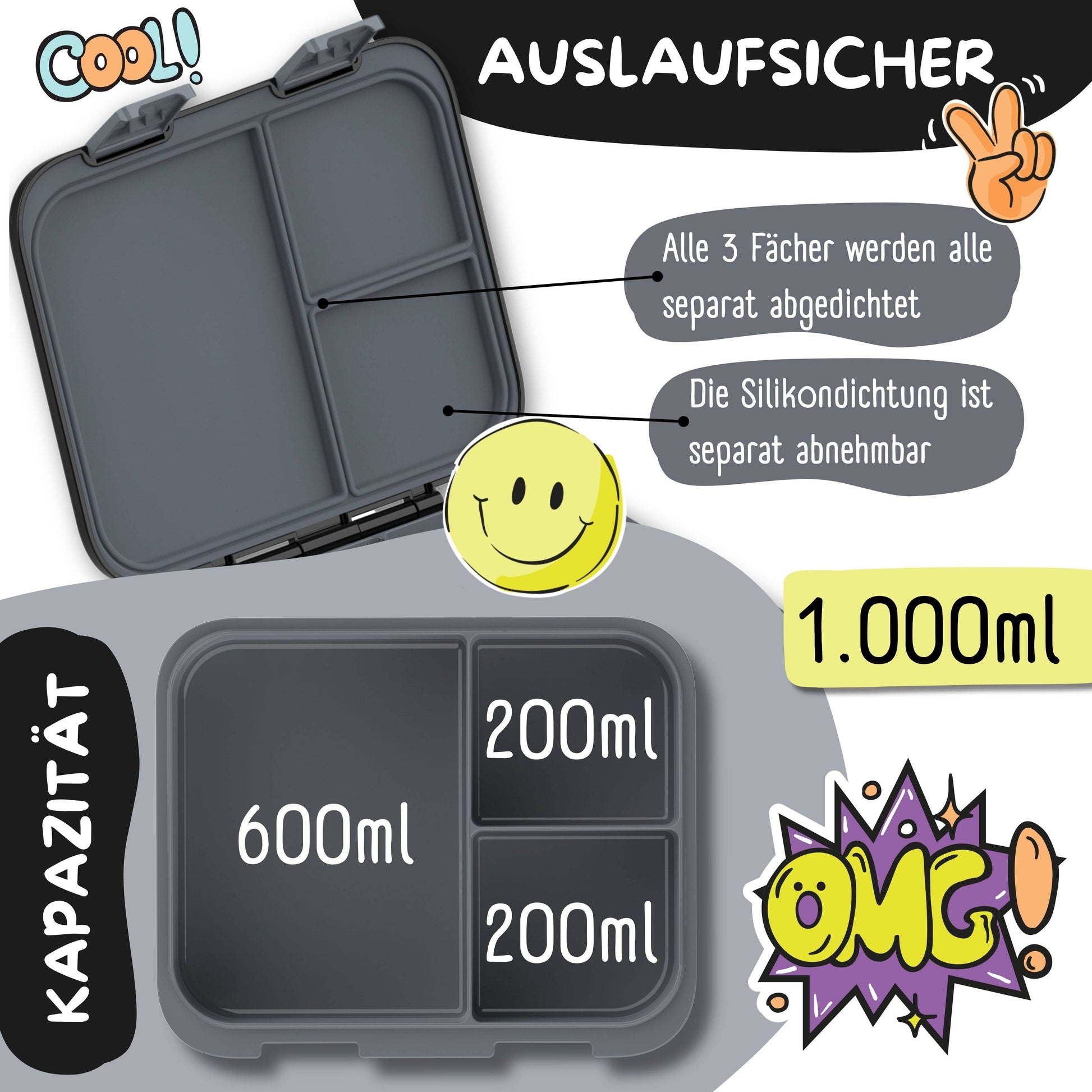 Brotdose mit Fächern, leicht & auslaufsicher - Sticker schwarz
