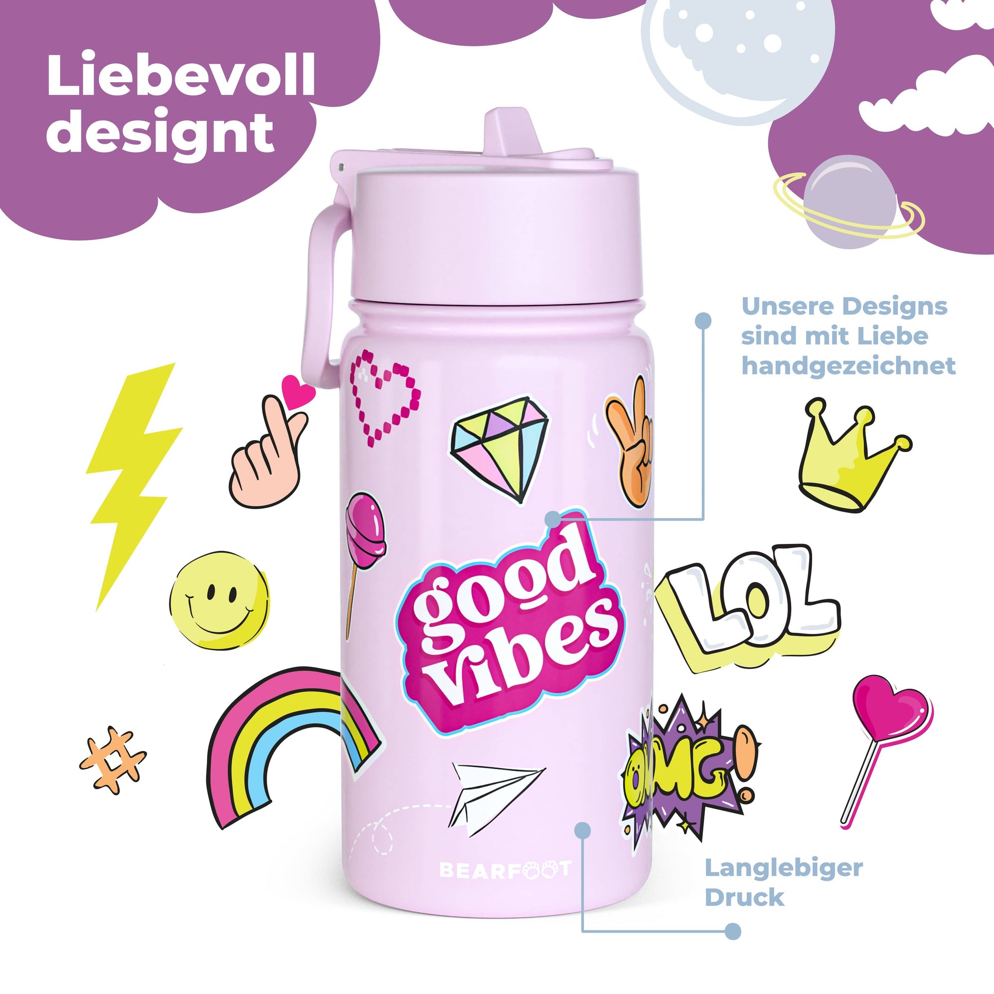 Thermo Kinder Trinkflasche Edelstahl - Sticker lila