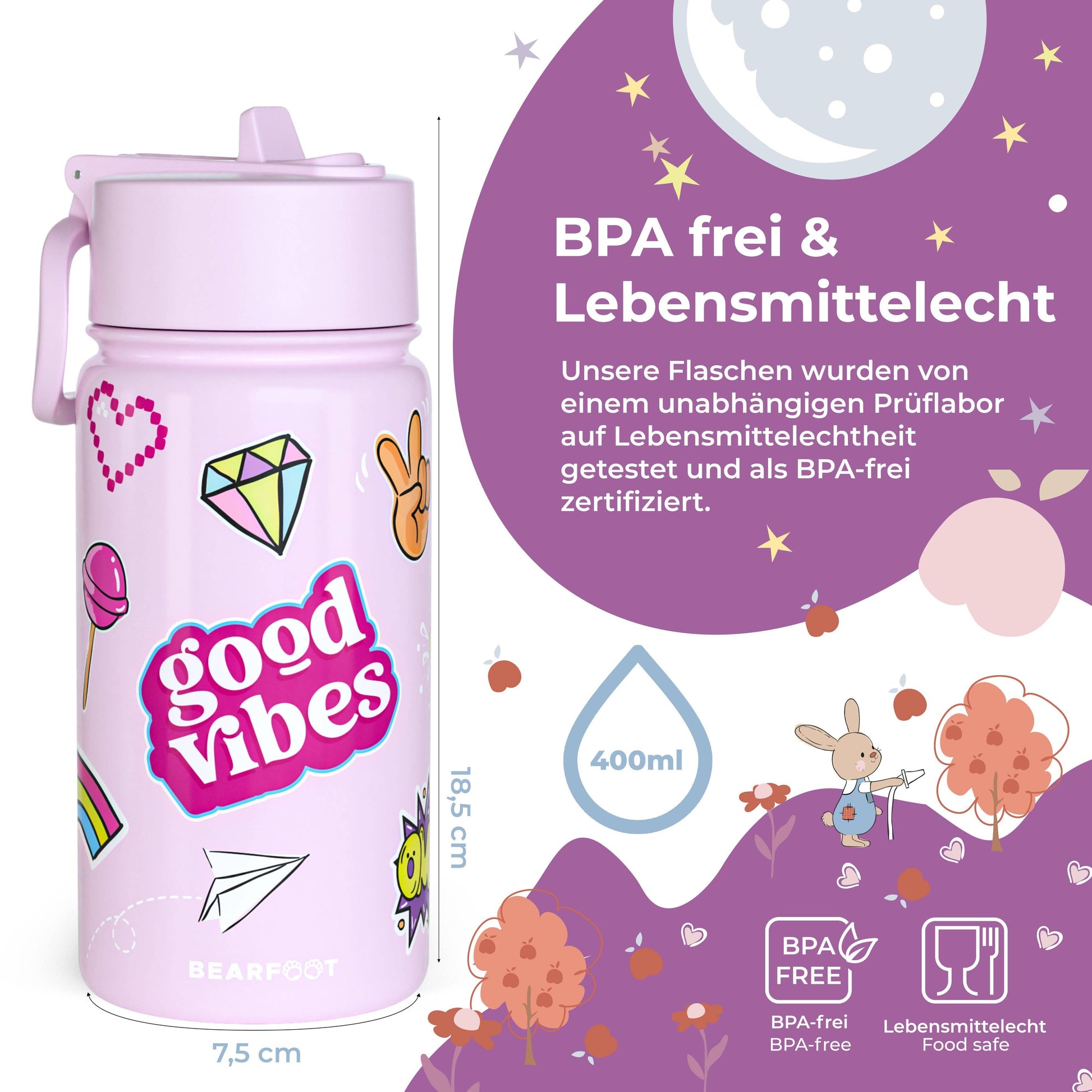 Thermo Kinder Trinkflasche Edelstahl - Sticker lila