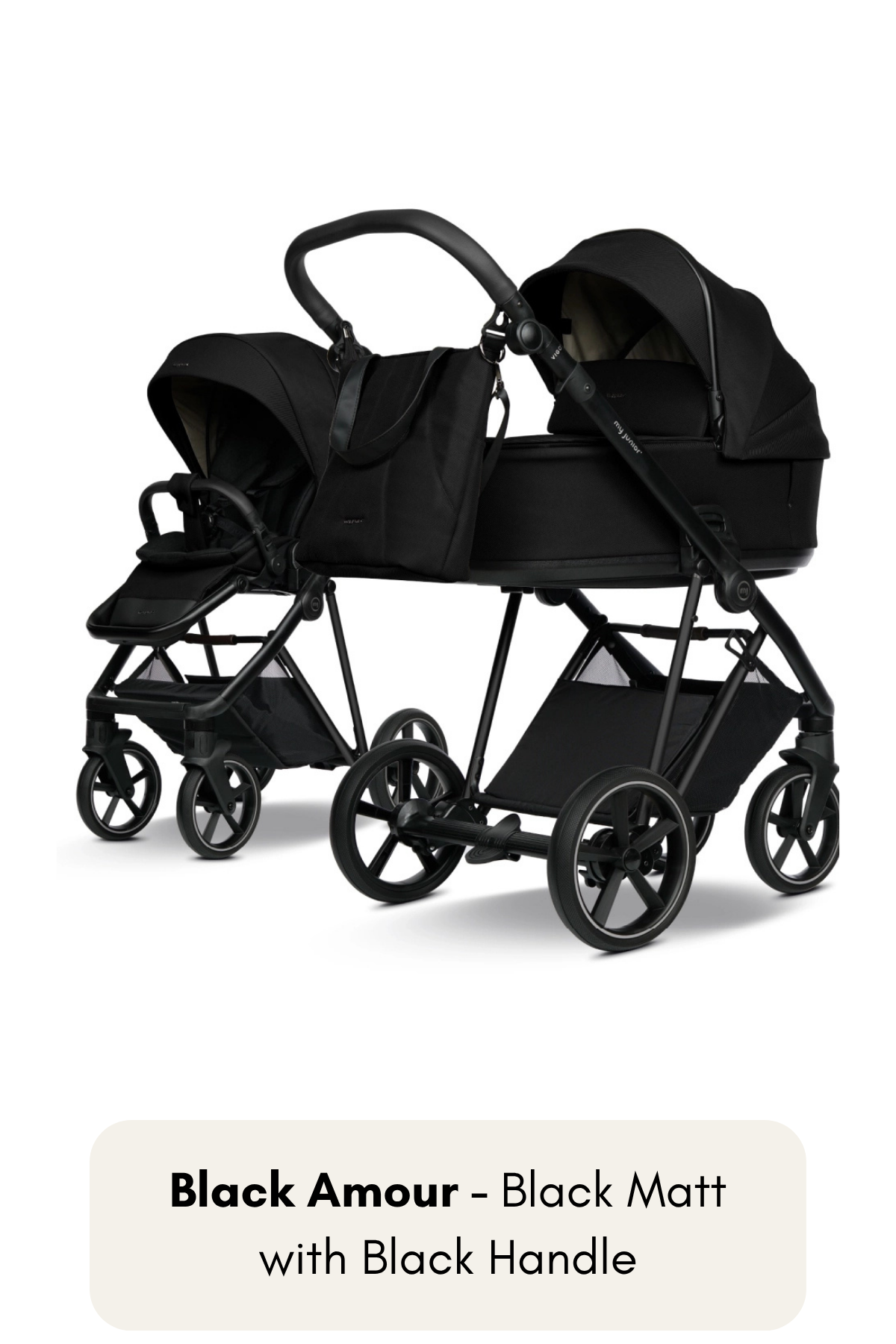 my junior® VIGO² Kinderwagen in Black Amour mit Black Matt Gestell und schwarzem Griff – stilvoll in klassischem Schwarz