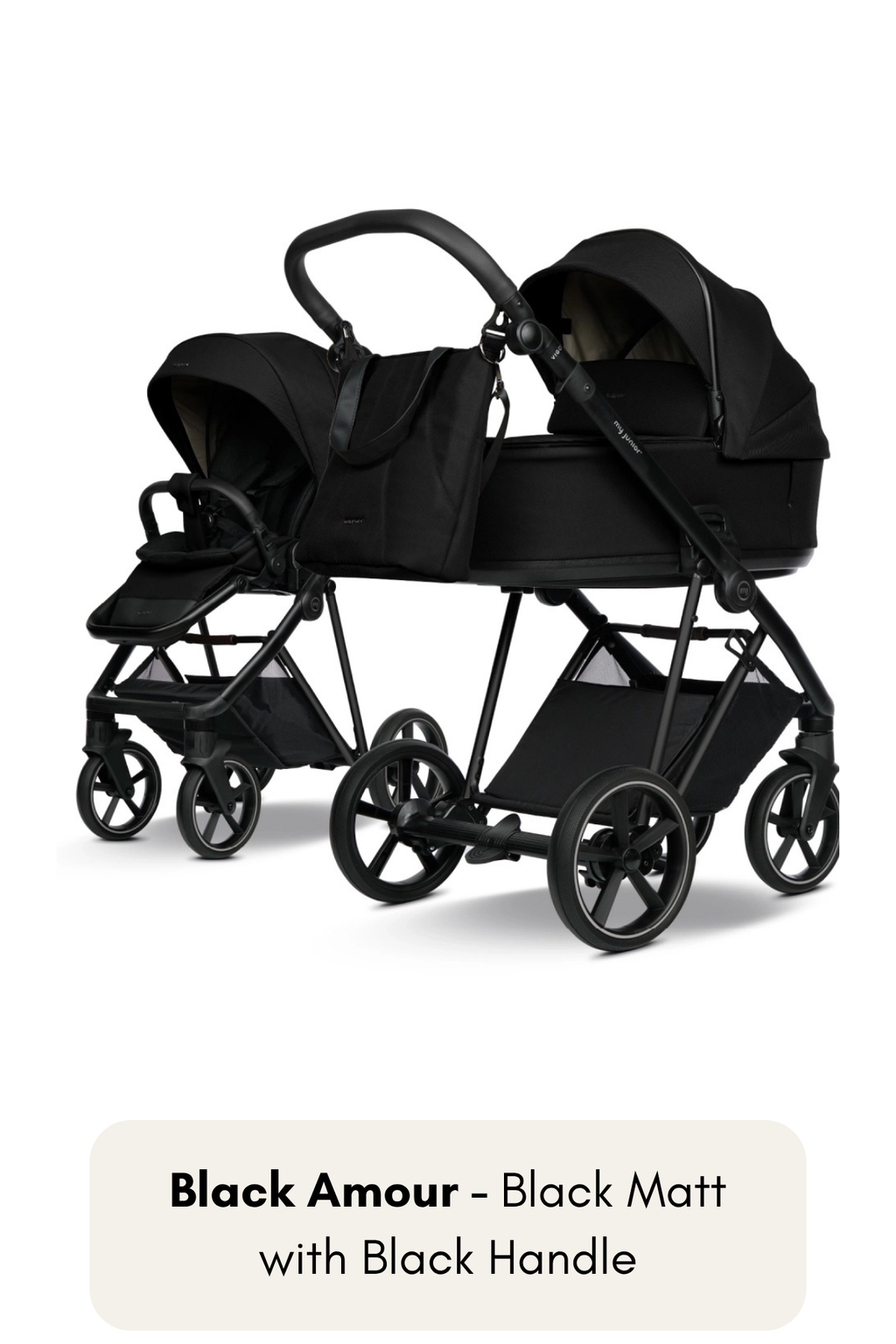 my junior® VIGO² Kinderwagen in Black Amour mit Black Matt Gestell und schwarzem Griff – stilvoll in klassischem Schwarz