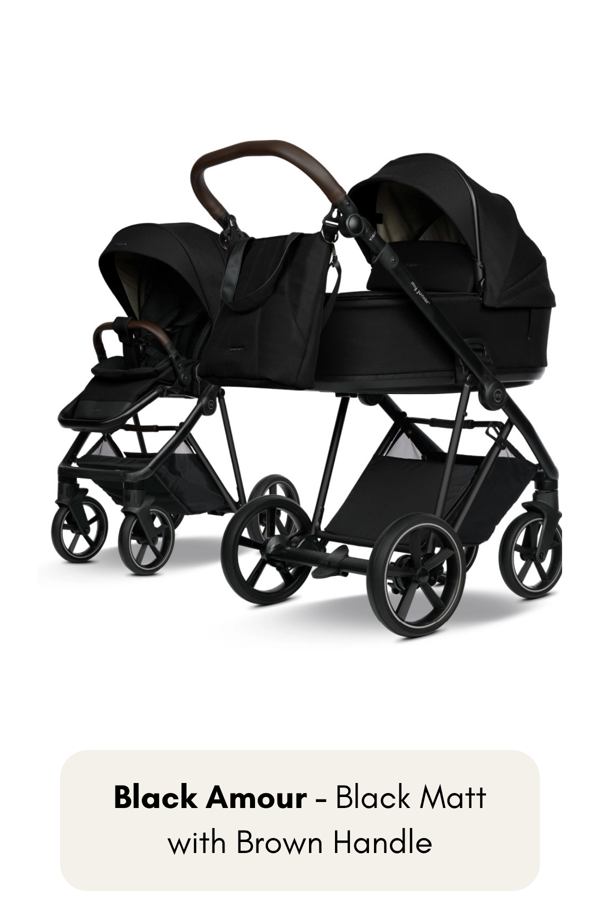 my junior® VIGO² Kinderwagen in Black Amour mit Black Matt Gestell und braunem Griff – elegant und zeitlos