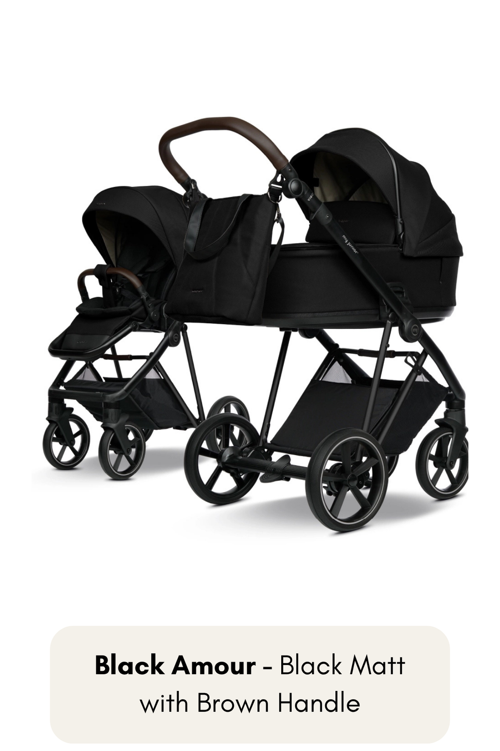 my junior® VIGO² Kinderwagen in Black Amour mit Black Matt Gestell und braunem Griff – elegant und zeitlos