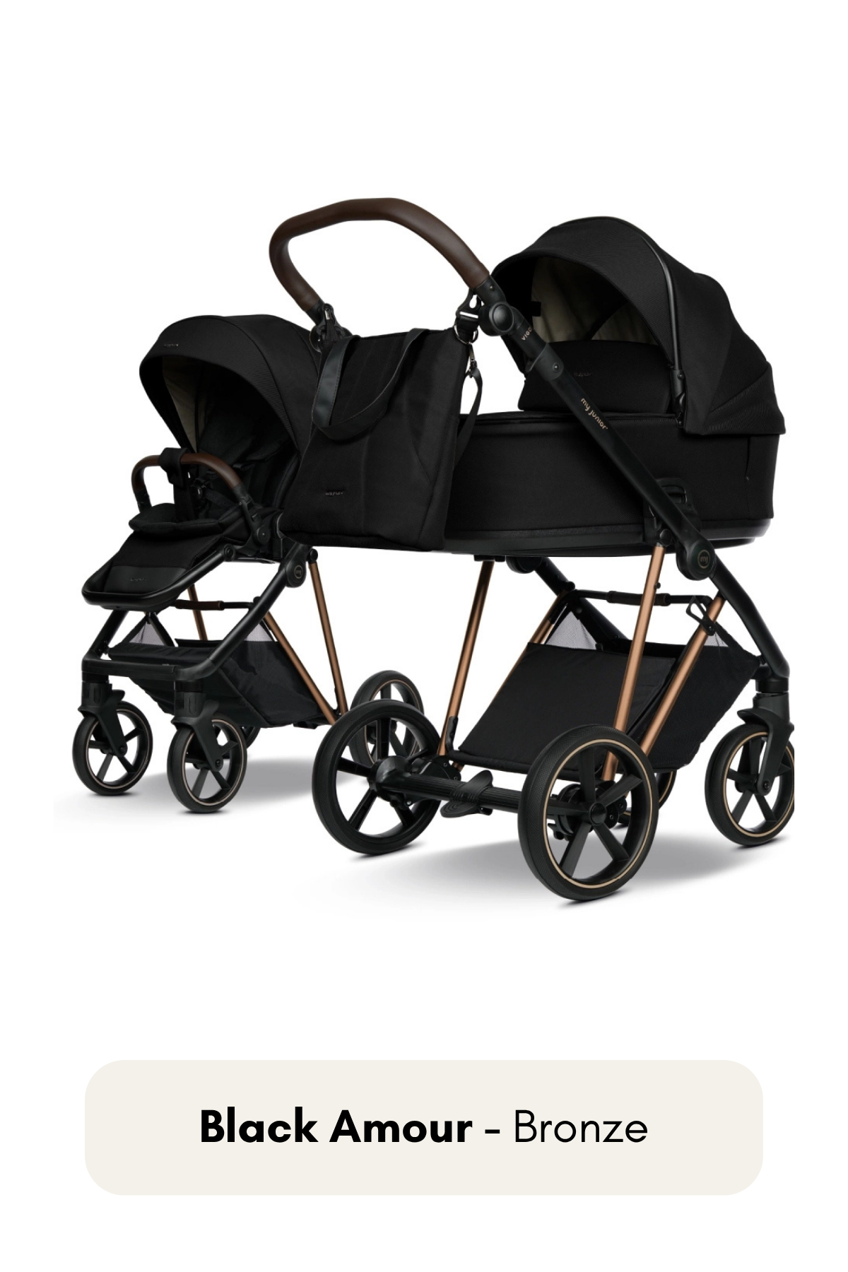 my junior® VIGO² Kinderwagen in Black Amour mit Bronze-Gestell – luxuriöser Look mit warmem Glanz