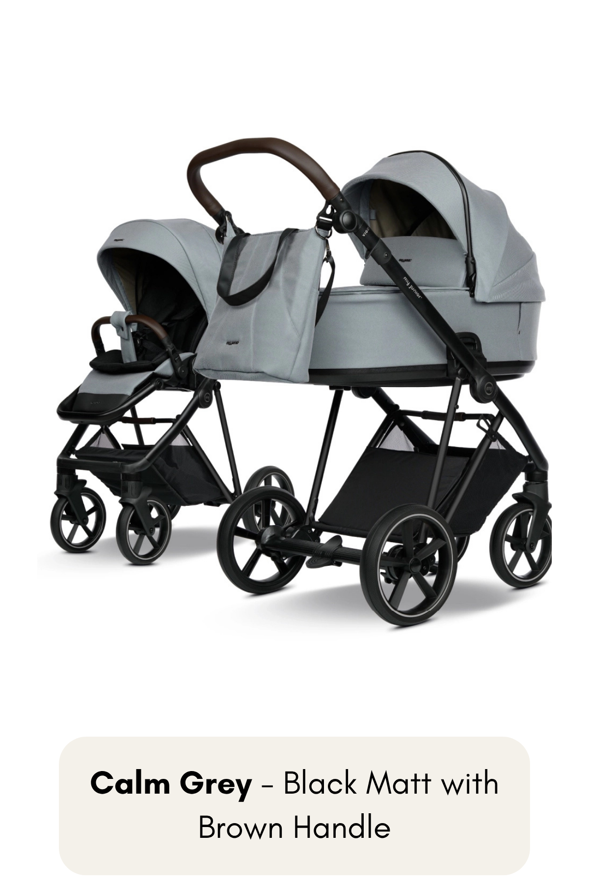 my junior® VIGO² Kinderwagen in Calm Grey mit Black Matt Gestell und braunem Griff – dezentes Grau mit warmem Akzent