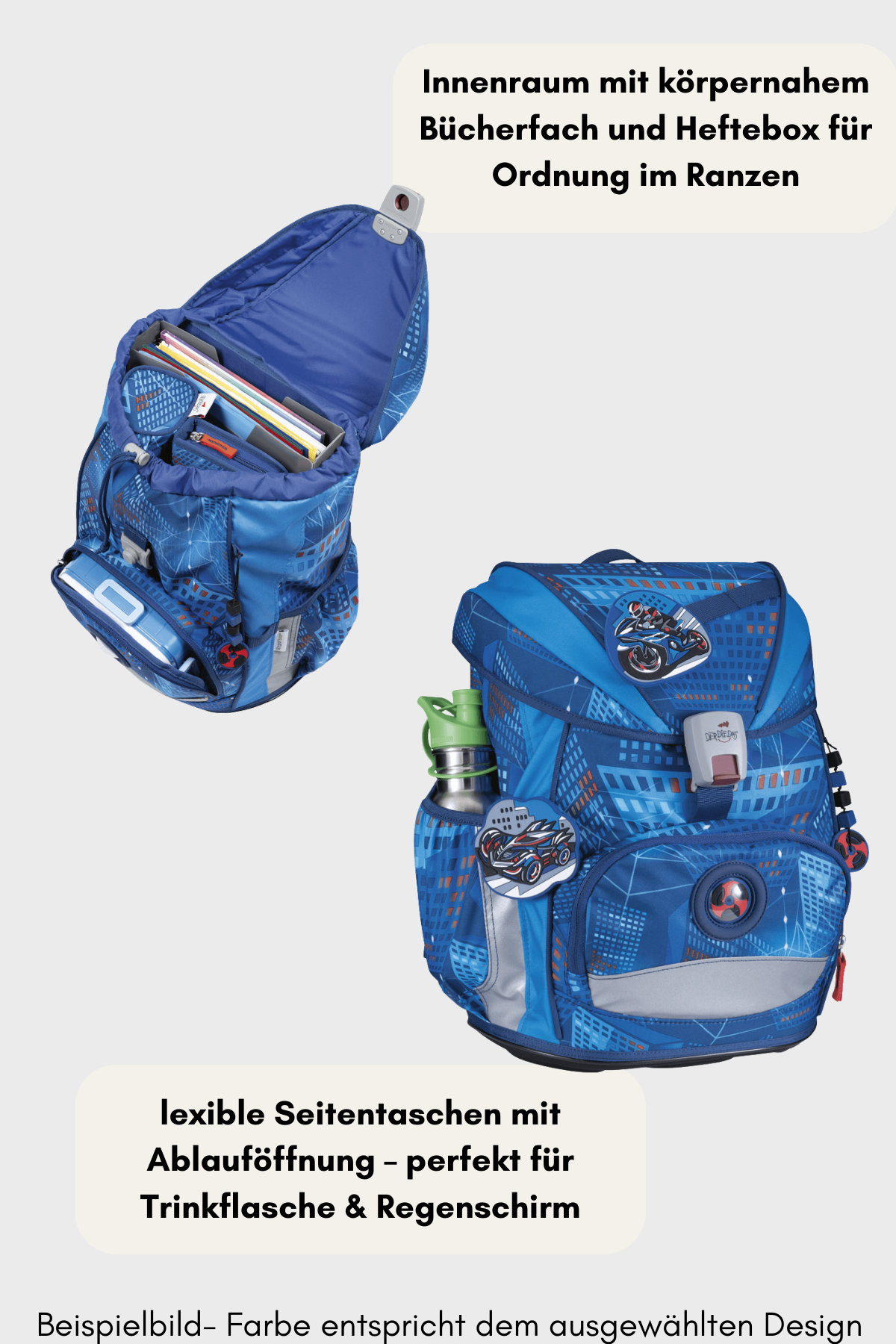 flexible Seitentaschen und großzügiger Innenraum mit körpernahem Bücherfach