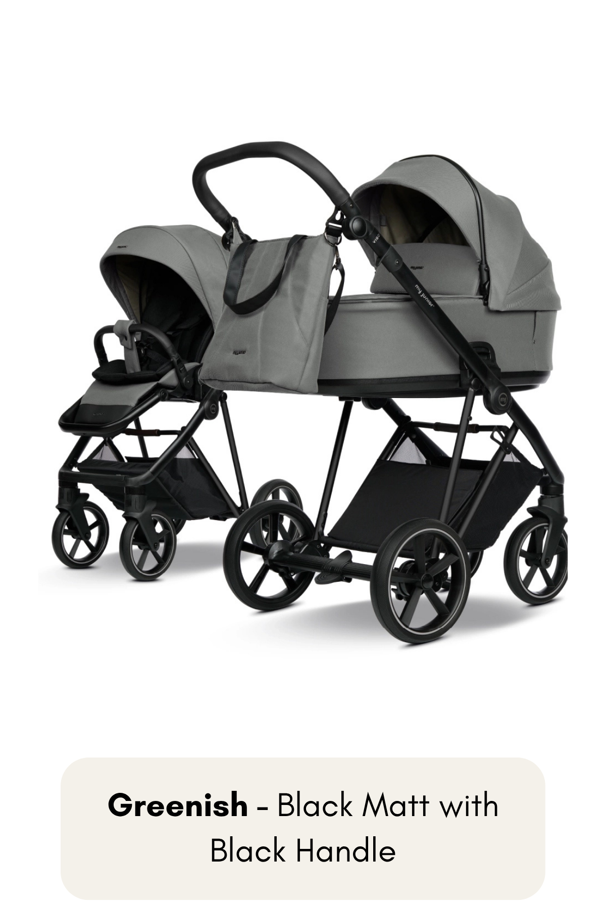 my junior® VIGO² Kinderwagen in Greenish mit Black Matt Gestell und schwarzem Griff – sanftes Grün trifft auf urbanes Schwarz