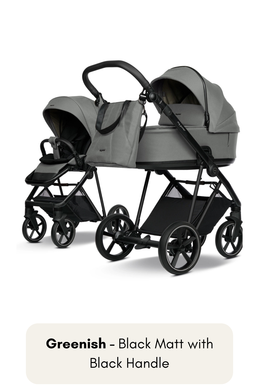 my junior® VIGO² Kinderwagen in Greenish mit Black Matt Gestell und schwarzem Griff – sanftes Grün trifft auf urbanes Schwarz