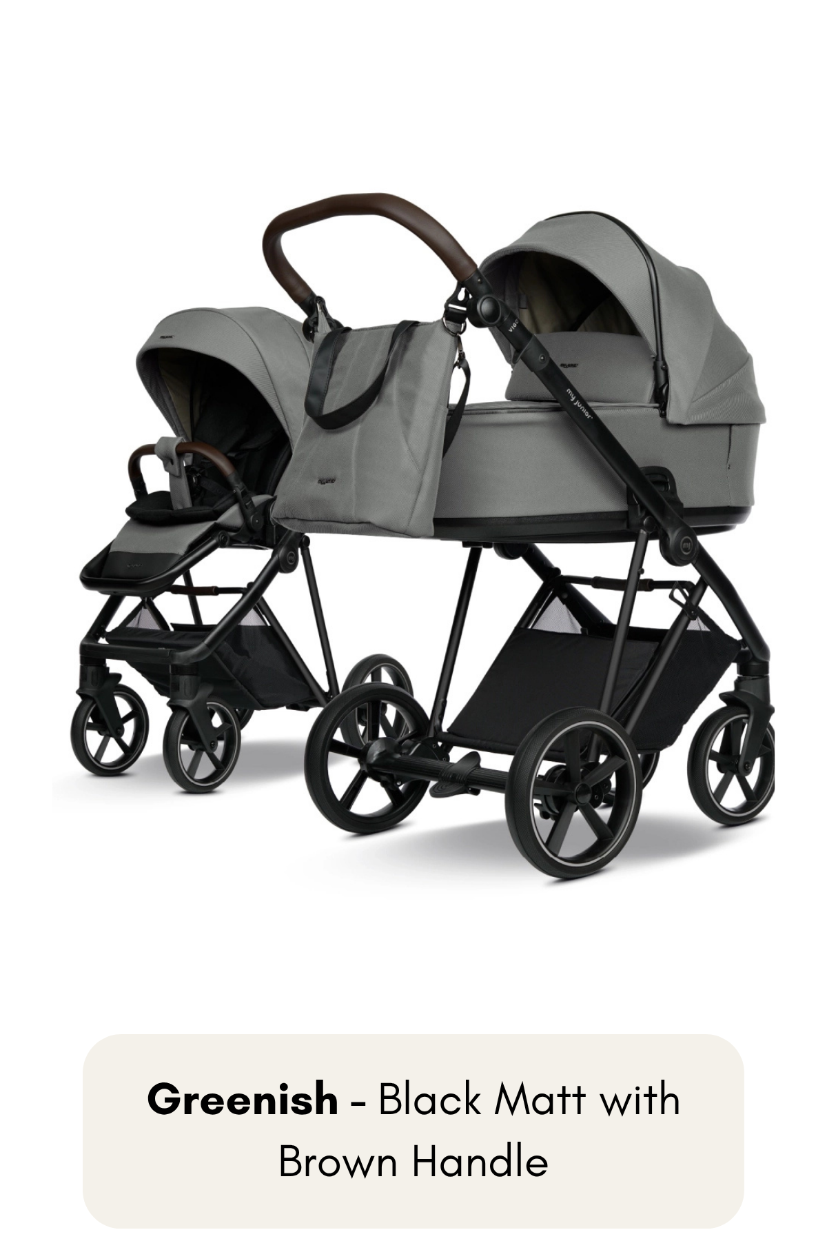 my junior® VIGO² Kinderwagen in Calm Grey mit Black Matt Gestell und braunem Griff – dezentes Grau mit warmem Akzent