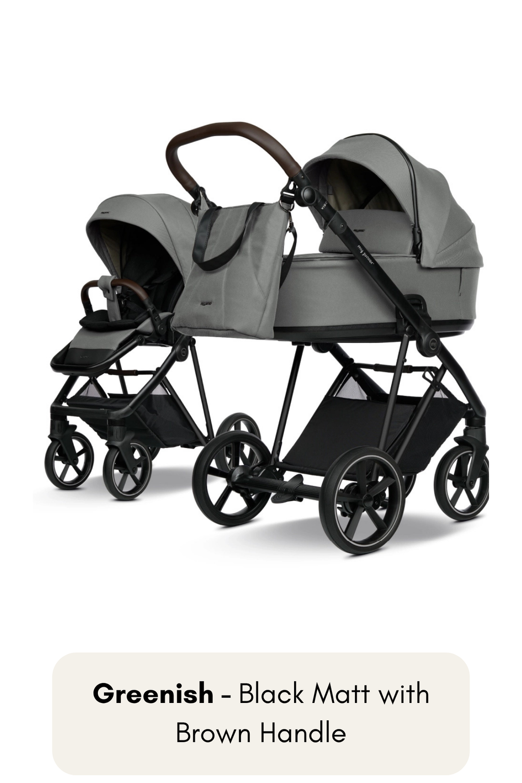 my junior® VIGO² Kinderwagen in Calm Grey mit Black Matt Gestell und braunem Griff – dezentes Grau mit warmem Akzent