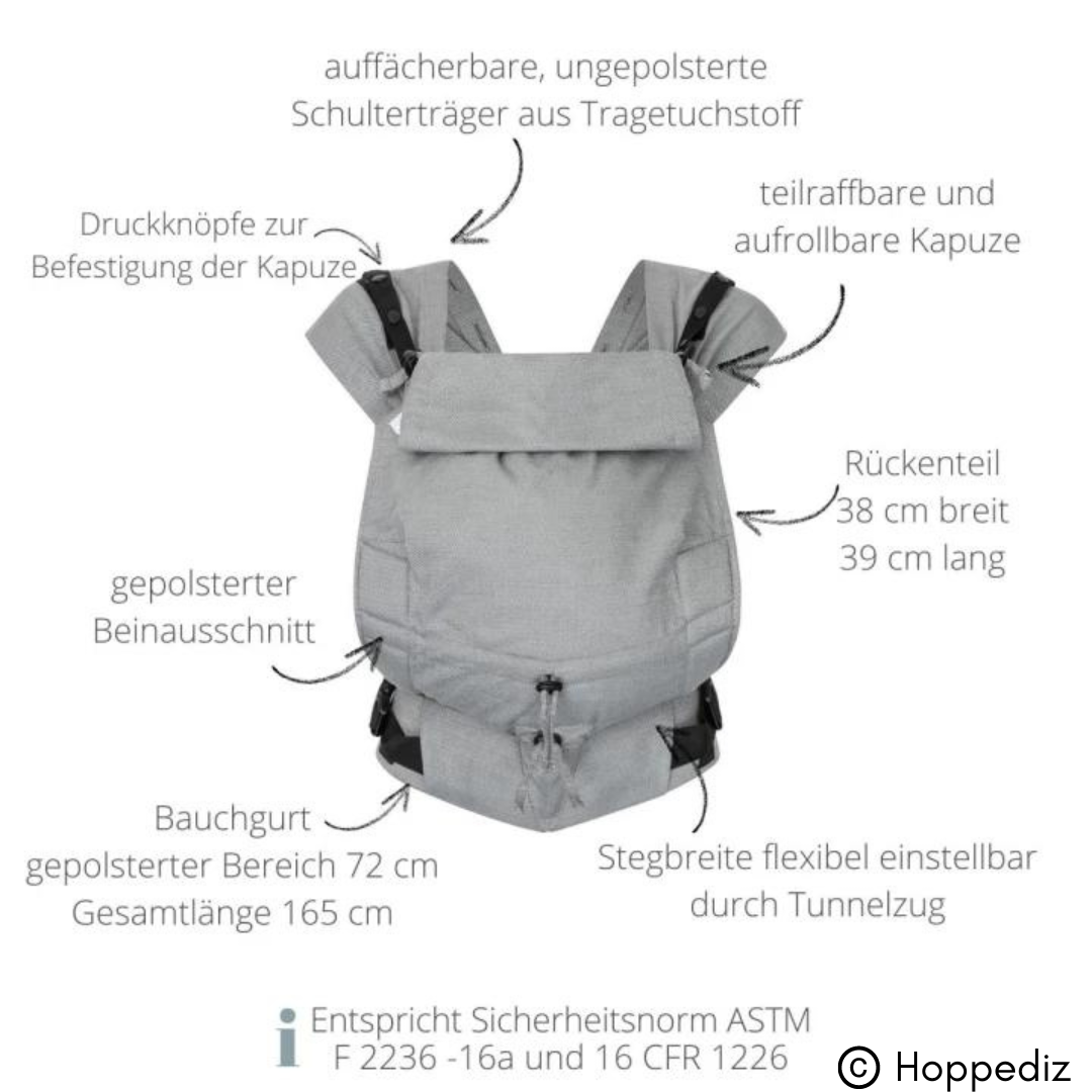 Detailaufnahme der Hoppediz Primeo mit aufgefächerten Schulterträgern und verstellbarem Steg.
