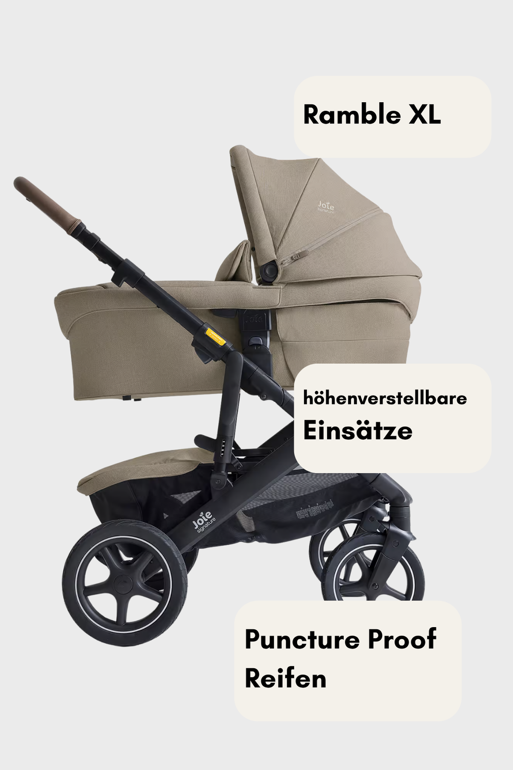 Joie Vinca 2in1 Kombi-Kinderwagen mit wendbarem Sportsitz, großer Federung und pannensicheren Reifen auf Stadtweg.