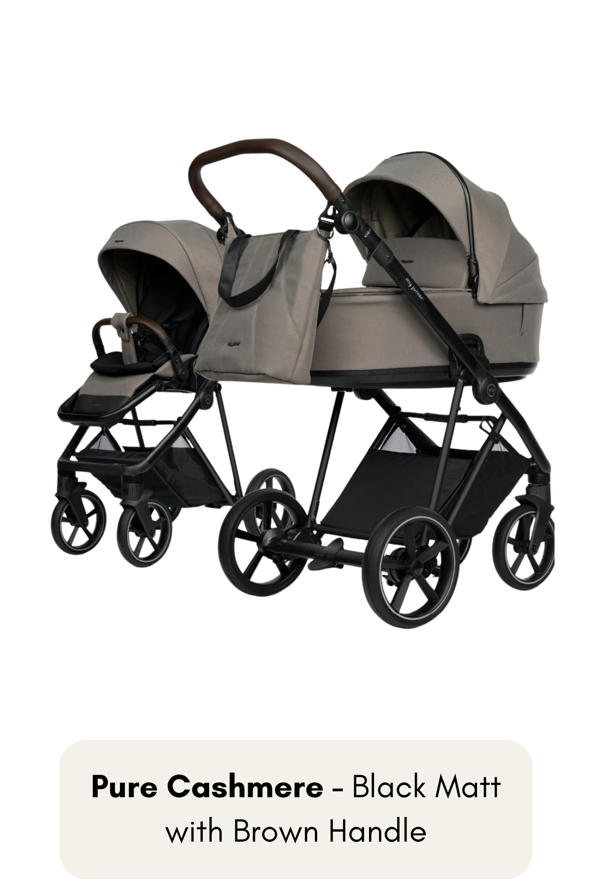 my junior® VIGO² Kinderwagen in Pure Cashmere mit Black Matt Gestell und braunem Griff – heller Ton mit starkem Kontrast