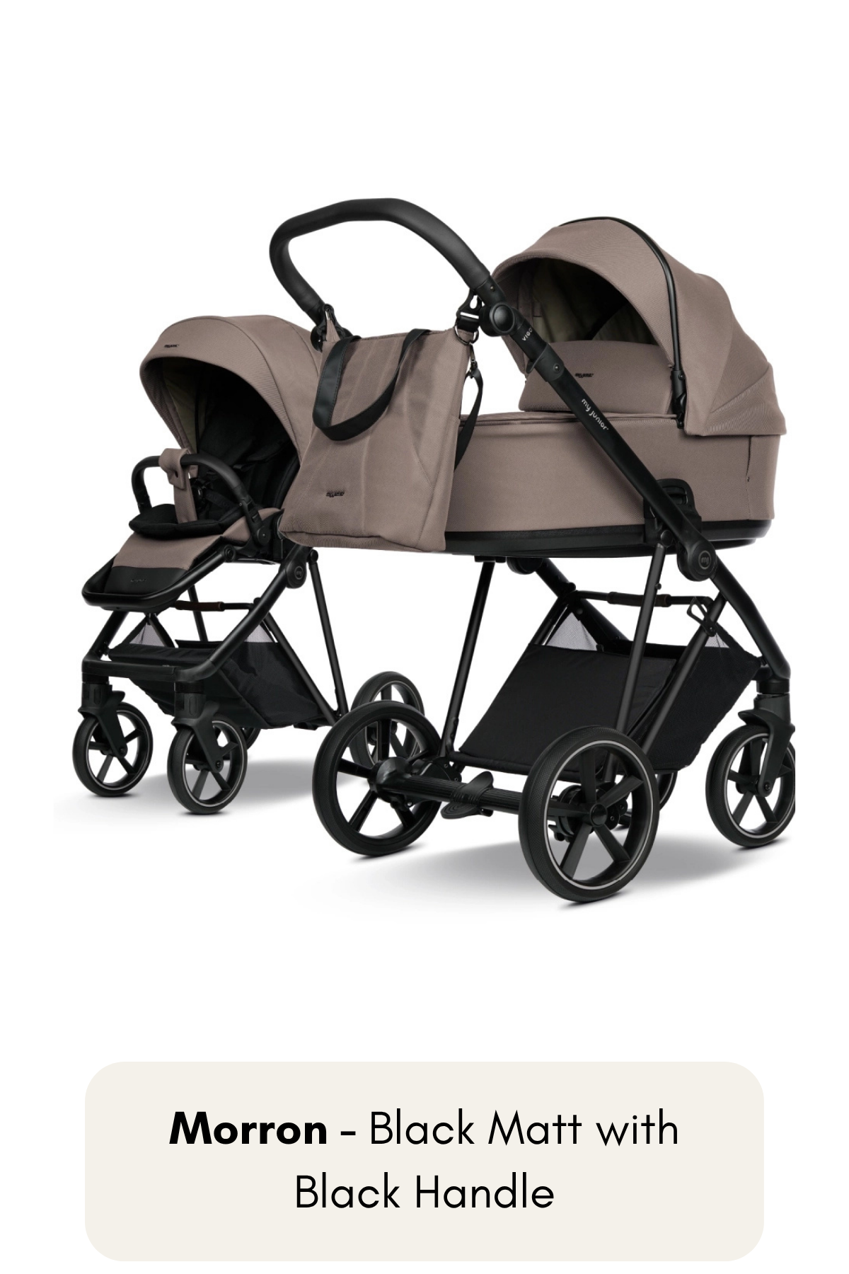 my junior® VIGO² Kinderwagen in Marron mit Black Matt Gestell und schwarzem Griff – klassisch kombiniert mit dunklen Akzenten