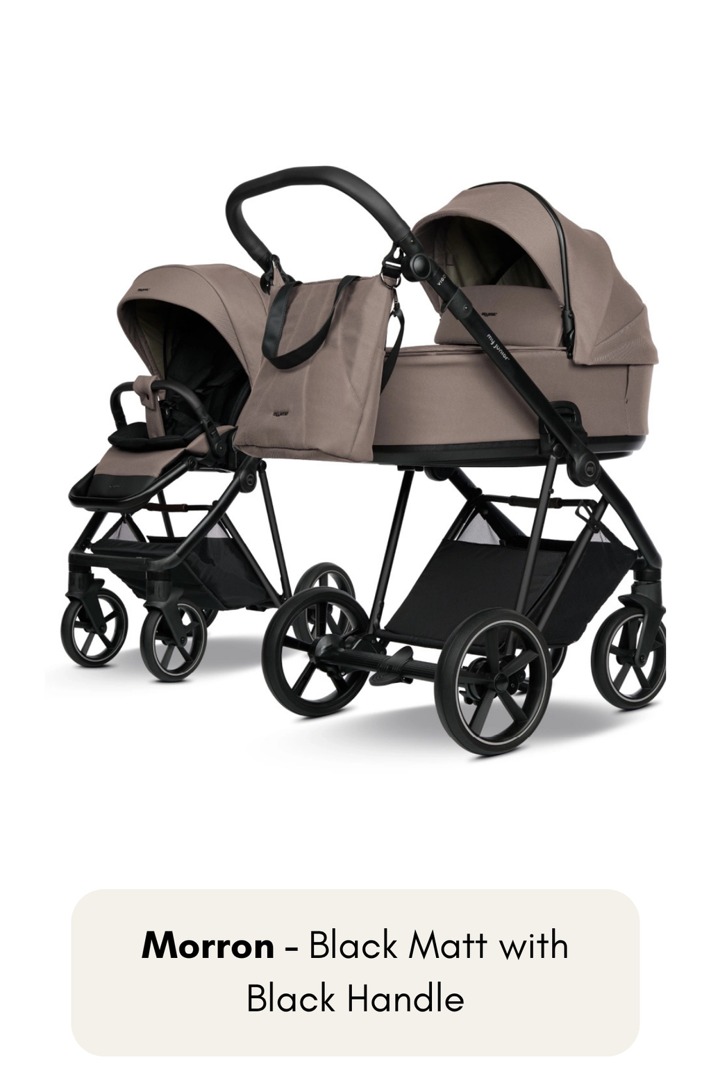 my junior® VIGO² Kinderwagen in Marron mit Black Matt Gestell und schwarzem Griff – klassisch kombiniert mit dunklen Akzenten