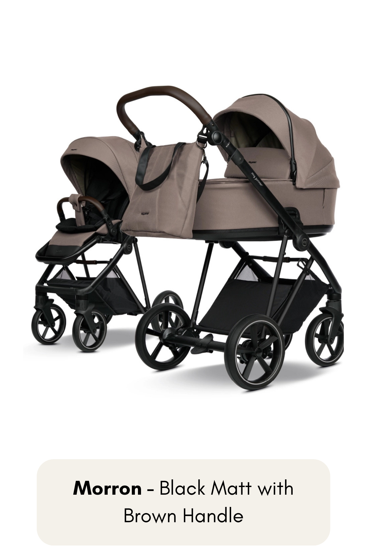 my junior® VIGO² Kinderwagen in Marron mit Black Matt Gestell und braunem Griff – warmer Naturton mit modernem Look