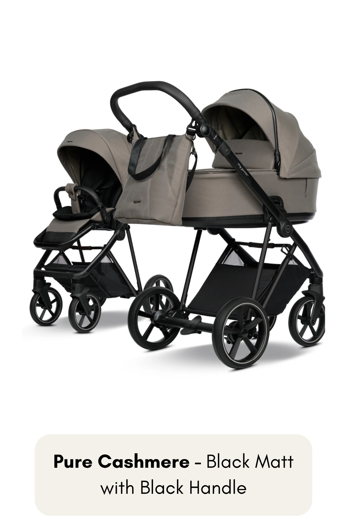 my junior® VIGO² Kinderwagen in Pure Cashmere mit Black Matt Gestell und schwarzem Griff – dezente Eleganz in Beige und Schwarz