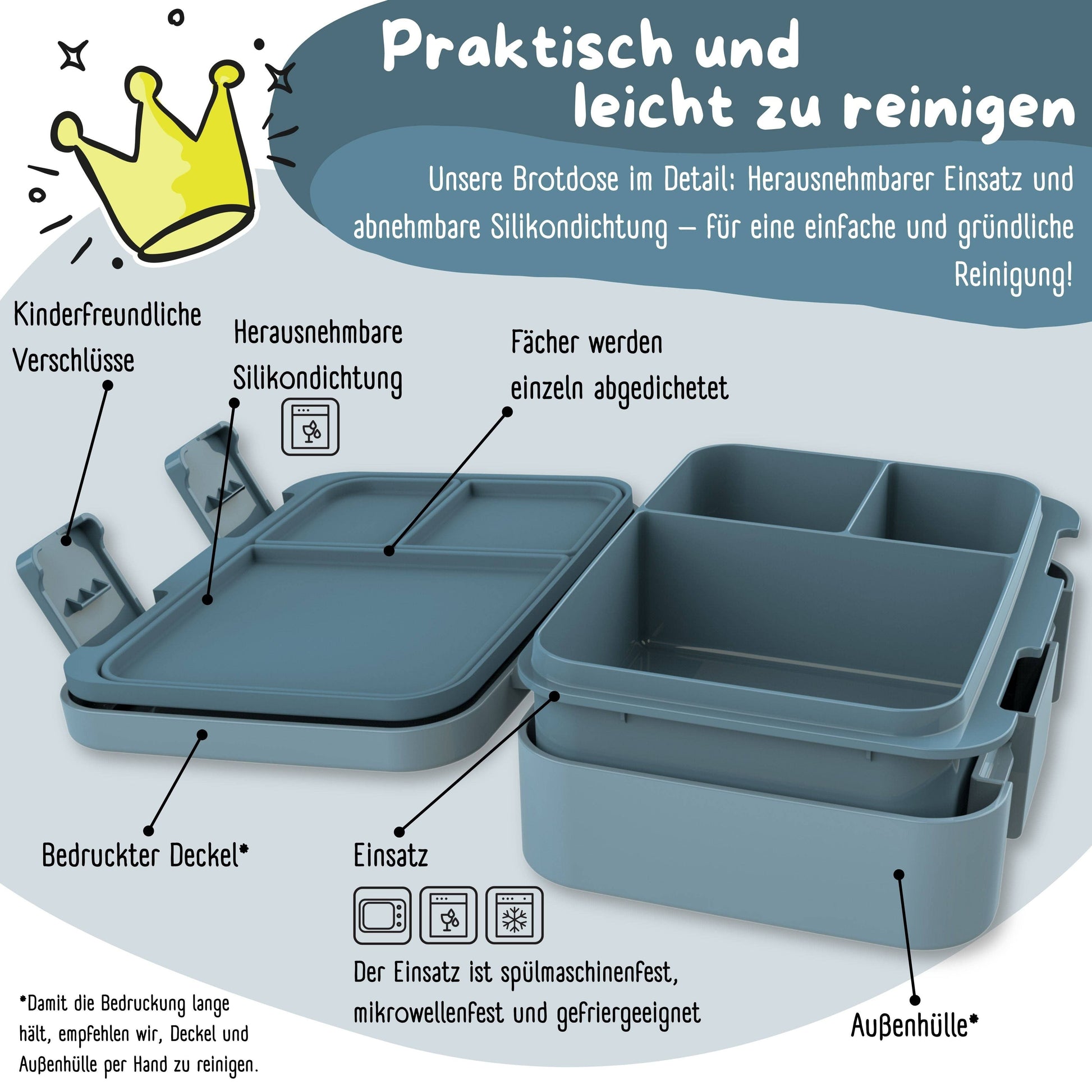 Brotdose mit Fächern, leicht & auslaufsicher - Dinos blau