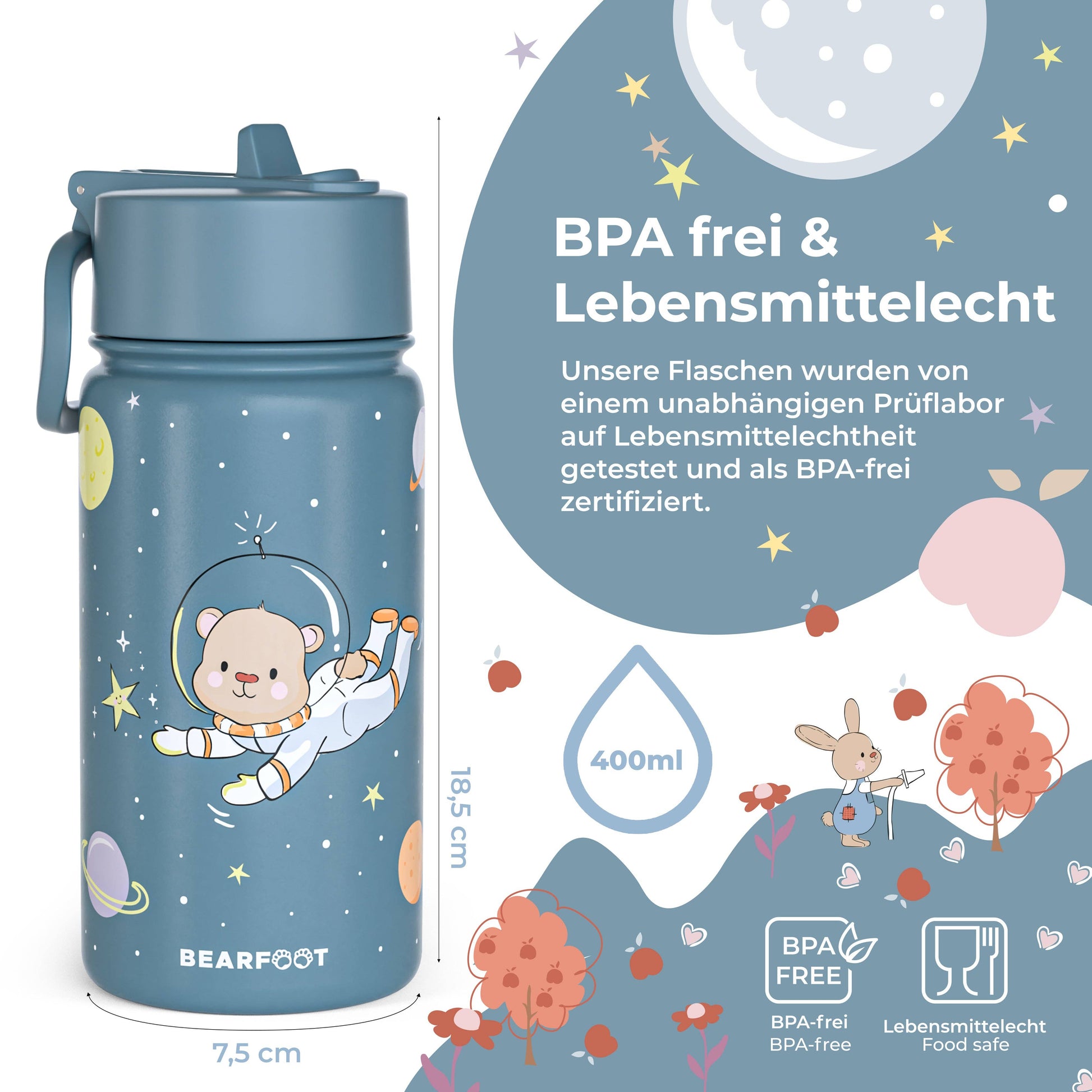 Thermo Kinder Trinkflasche Edelstahl - Astro Bär blau