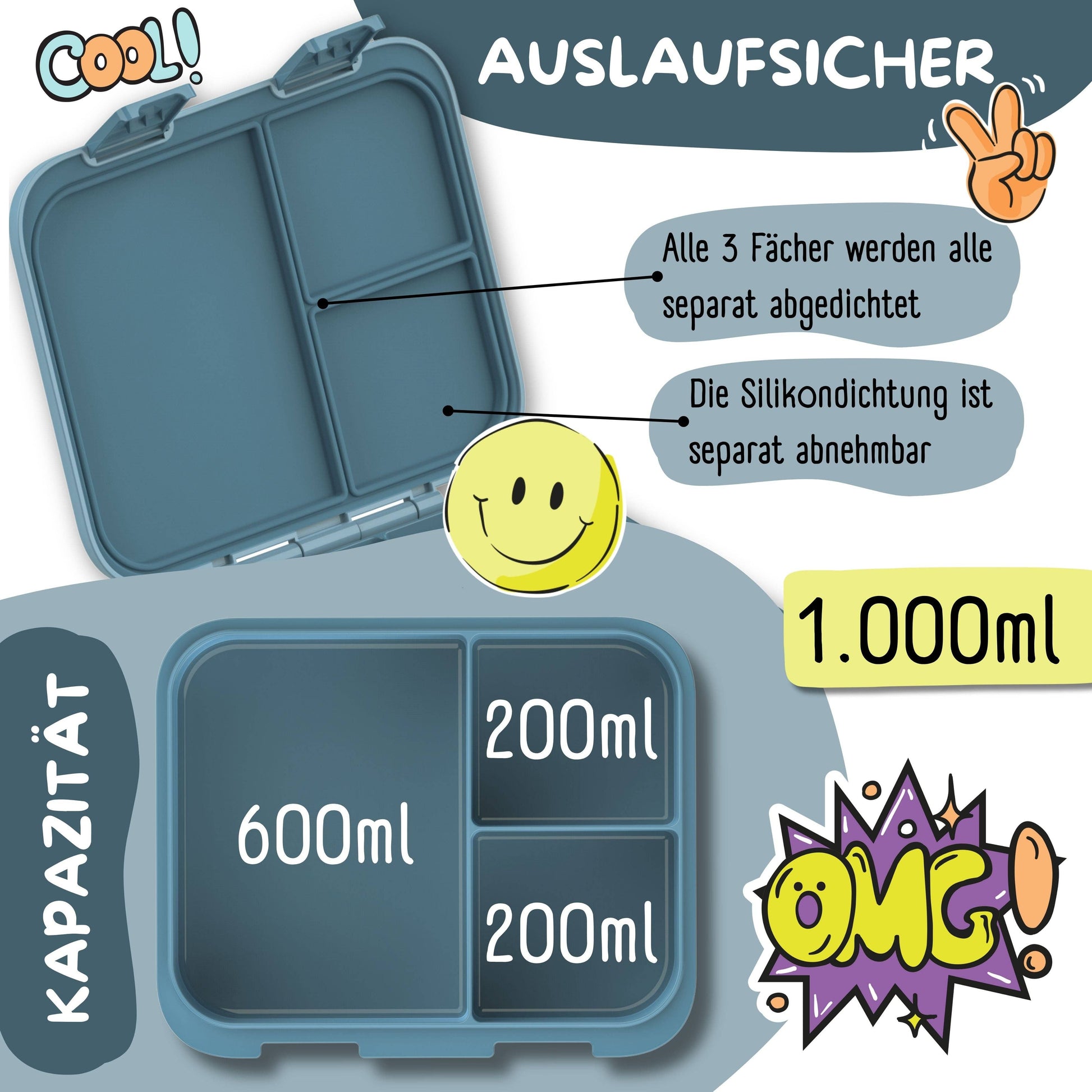 Brotdose mit Fächern, leicht & auslaufsicher - Dinos blau