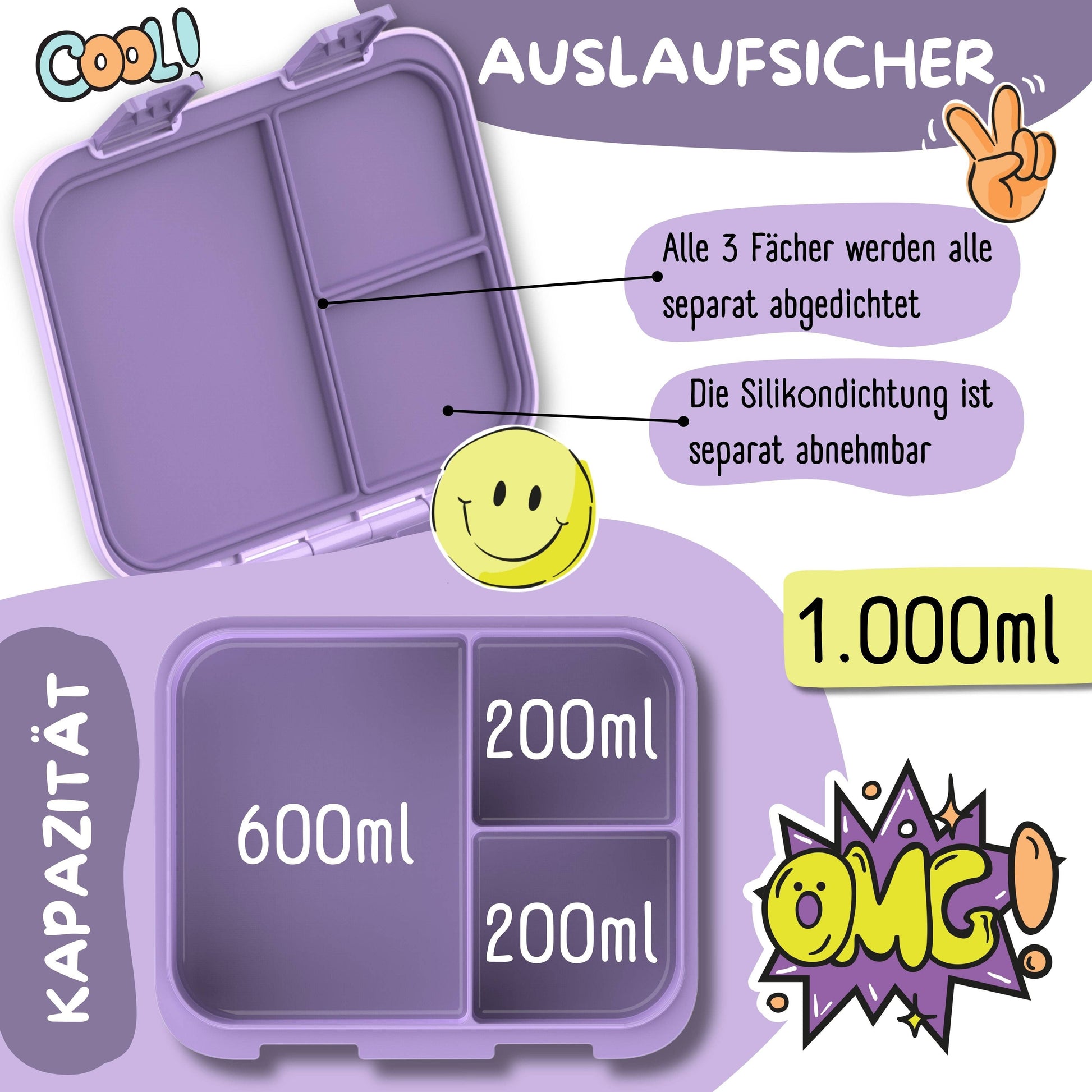 Brotdose mit Fächern, leicht & auslaufsicher - Lama lila