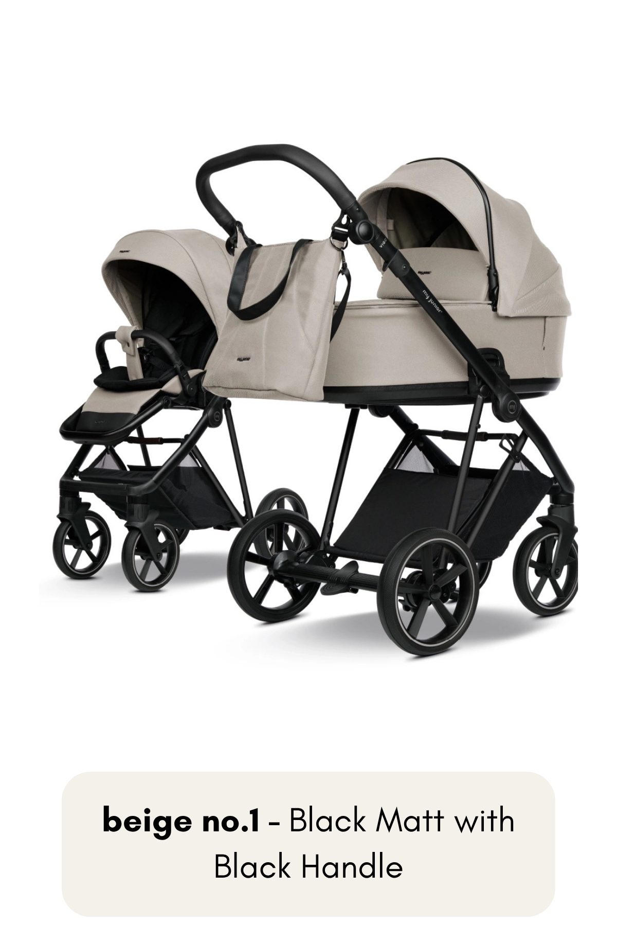 my junior® VIGO² Kinderwagen in Beige No. 1 mit Black Matt Gestell und schwarzem Griff – klassisch-modern in Beige und Schwarz