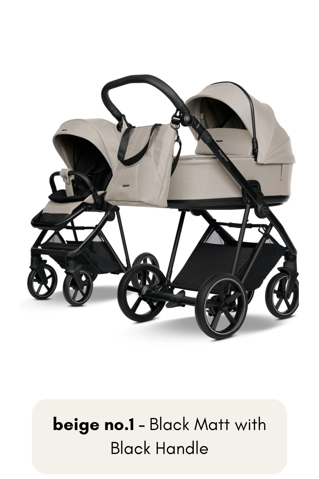 my junior® VIGO² Kinderwagen in Beige No. 1 mit Black Matt Gestell und schwarzem Griff – klassisch-modern in Beige und Schwarz