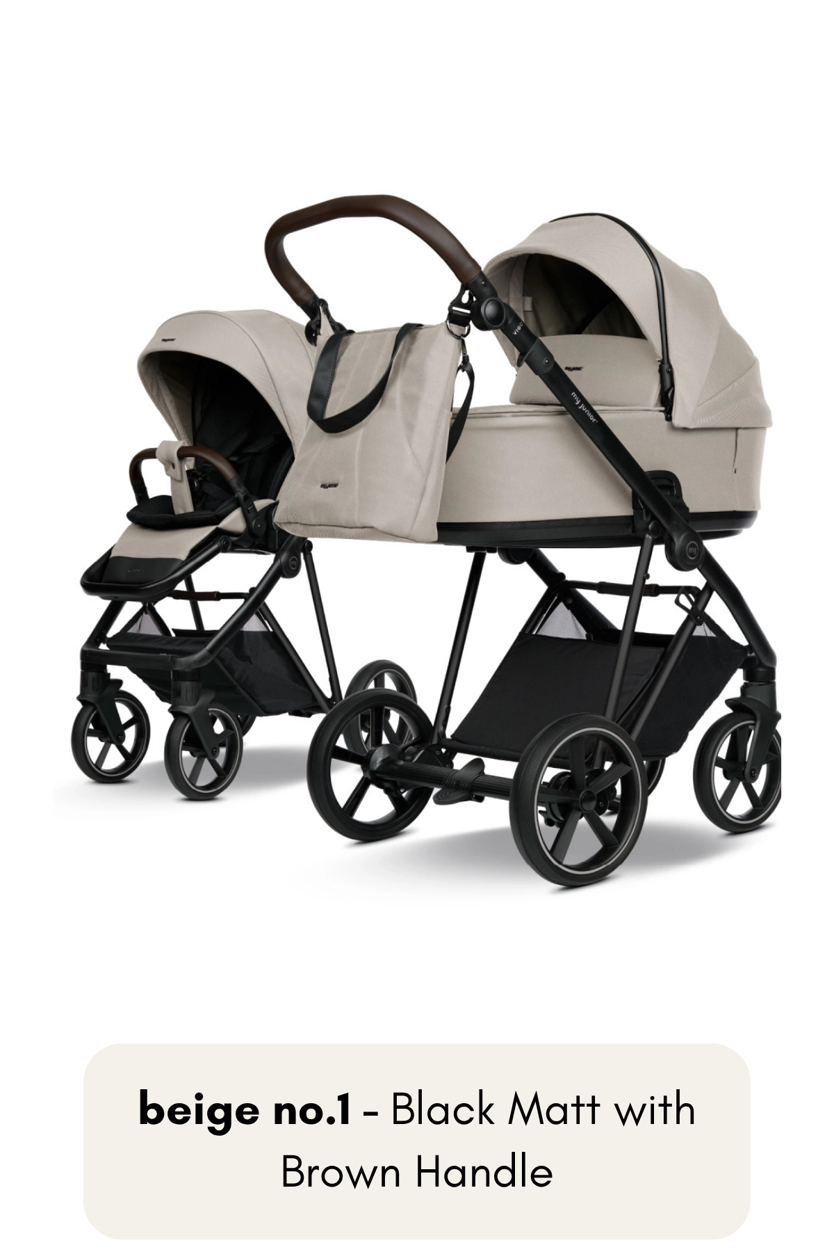 my junior® VIGO² Kinderwagen in Beige No. 1 mit Black Matt Gestell und braunem Griff – stilvolle Kombination aus hell und dunkel