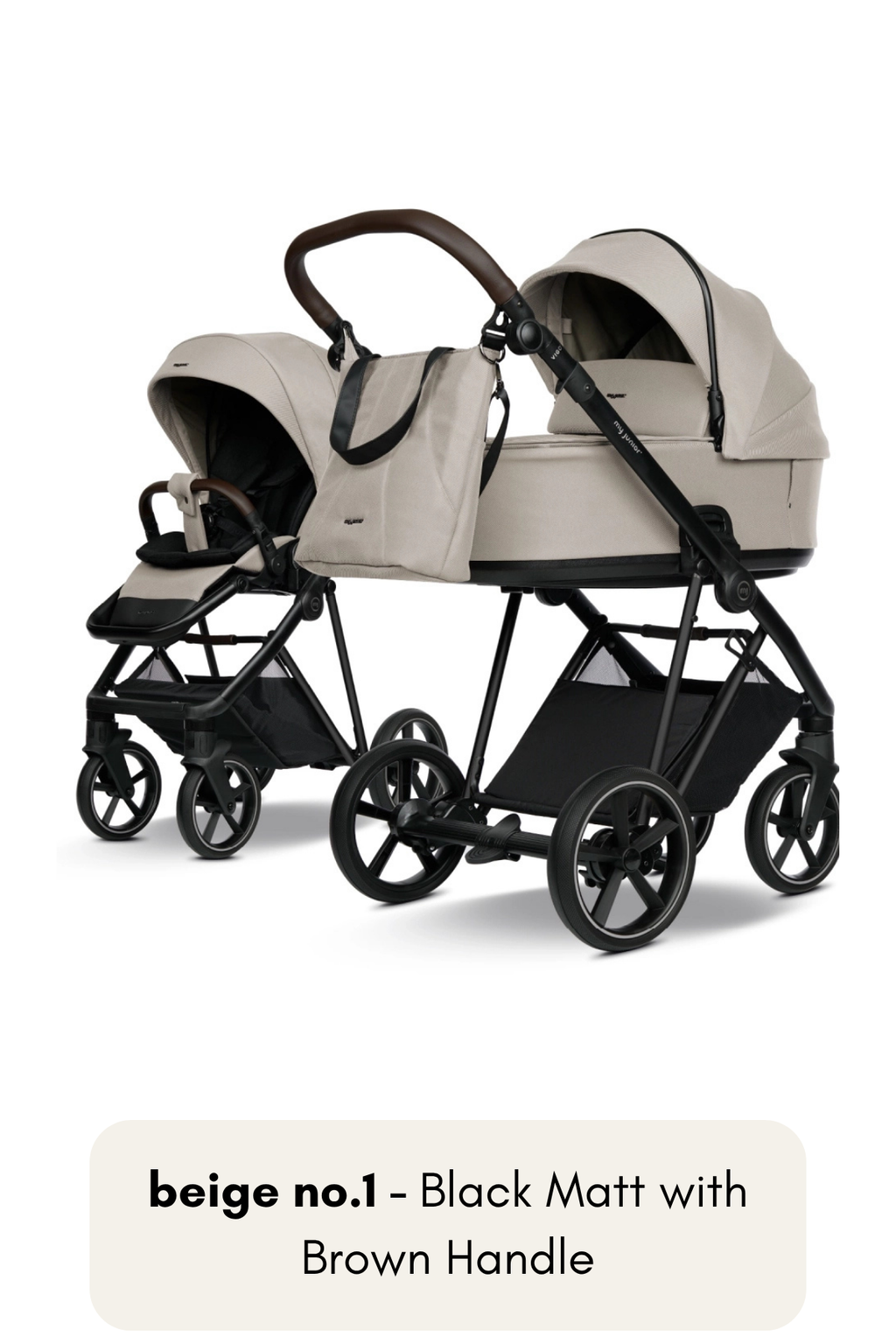 my junior® VIGO² Kinderwagen in Beige No. 1 mit Black Matt Gestell und braunem Griff – stilvolle Kombination aus hell und dunkel