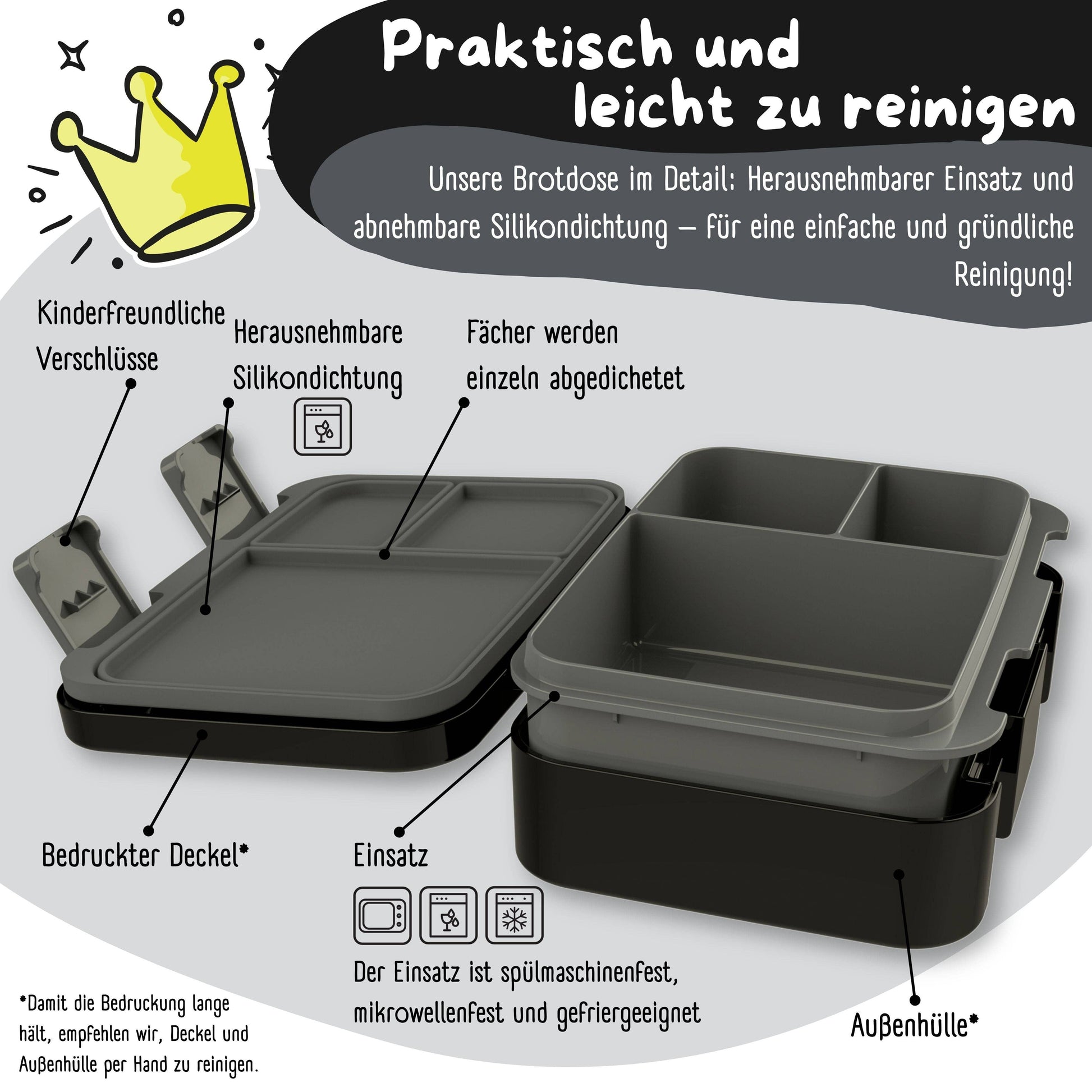 Brotdose mit Fächern, leicht & auslaufsicher - Sticker schwarz
