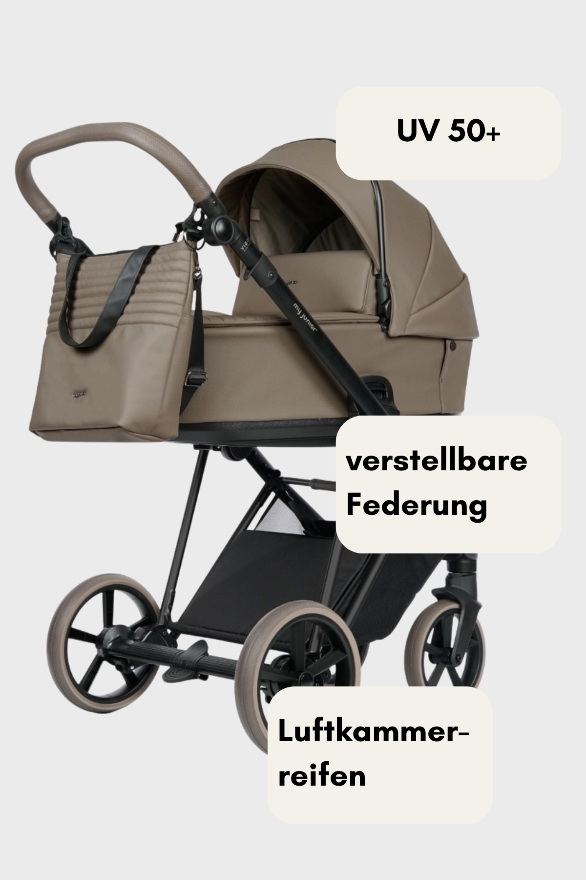 Komfortabler Kinderwagen mit pannensicheren Reifen und verstellbarer Federung